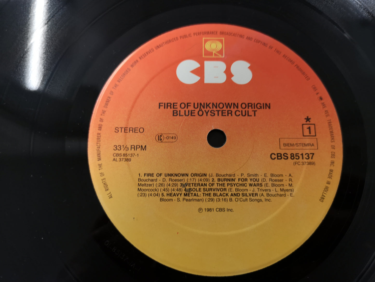 Blue Öyster Cult "Fire of Unknown Origin" Orig Holland 1981 VG+/EX