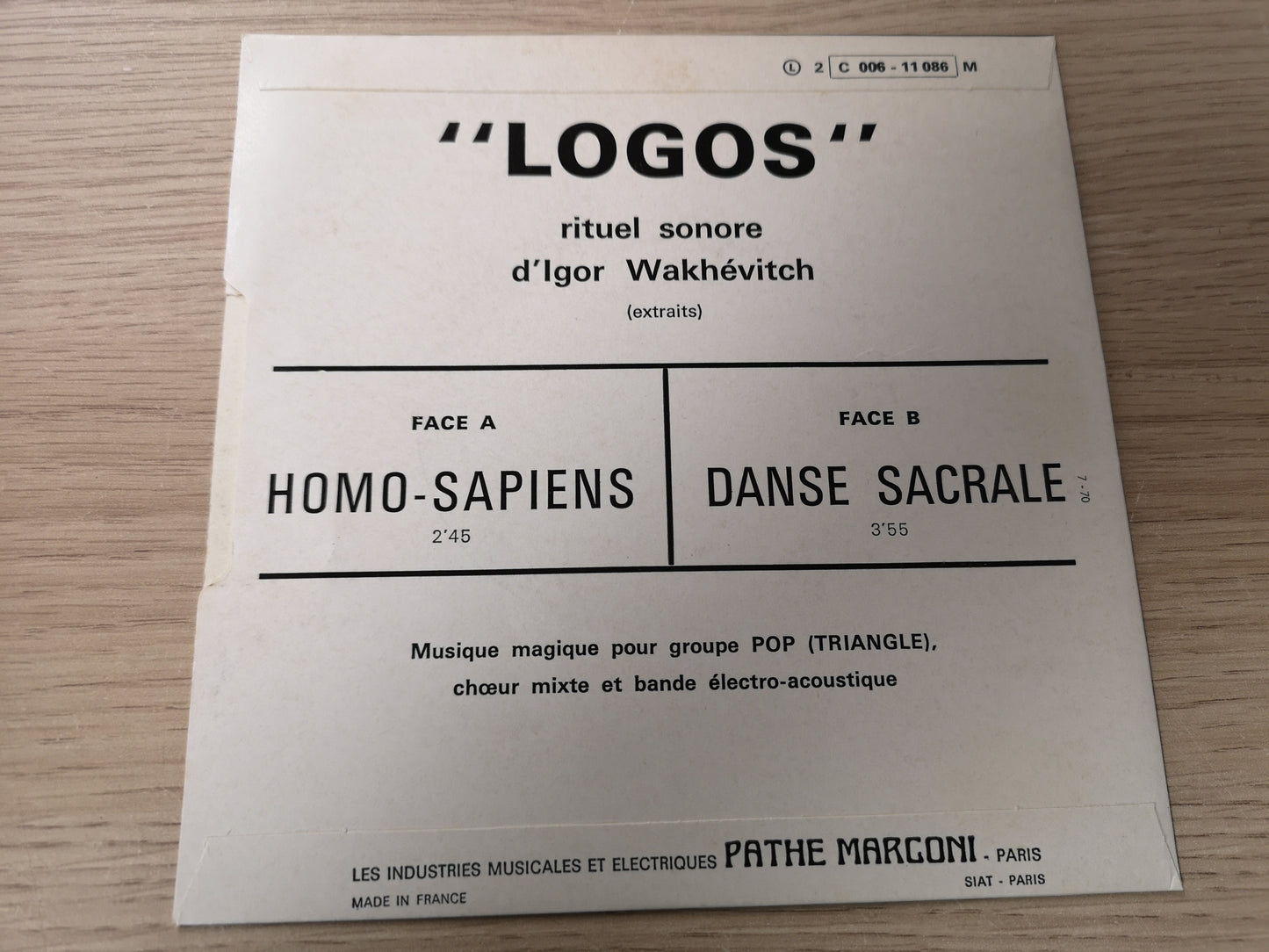 Igor Wakhévitch/Logos "Homo Sapiens" Orig France 1970 M/M (7" Single)