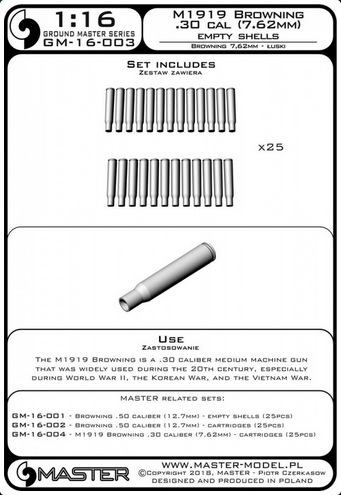M1919 Browning .30 caliber (7.62mm) - empty shells (25pcs) - MASTER MODEL GM-16-003