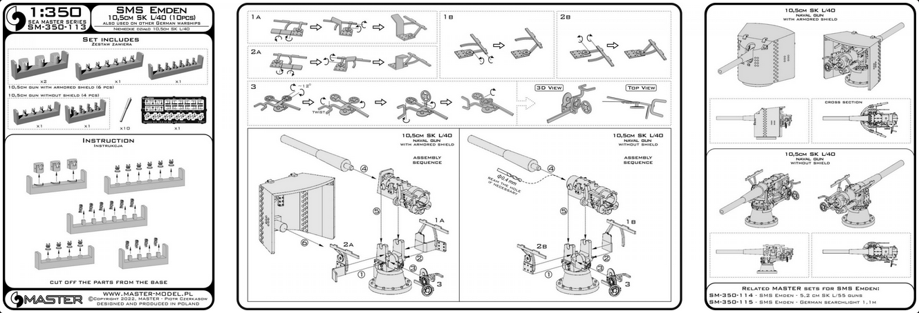 SMS Emden - 10,5 cm SK L/40 guns - (resin, PE and turned parts) - (6pcs shielded and 4pcs open mount) - MASTER MODEL SM-350-113