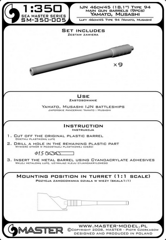 IJN 46cm/45 (18.1in)Type 94 barrels (9pcs) - MASTER MODEL SM-350-005
