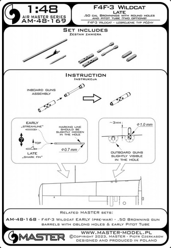 F4F-3 Wildcat LATE - .50 Browning gun barrels w/round holes & Pitot (two options) - MASTER MODEL AM-48-169