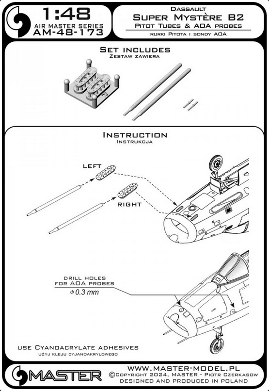 Dassault Super Mystère B2 - Pitot Tubes (w/ resin mounts) & Angle Of Attack probes - MASTER MODEL AM-48-173