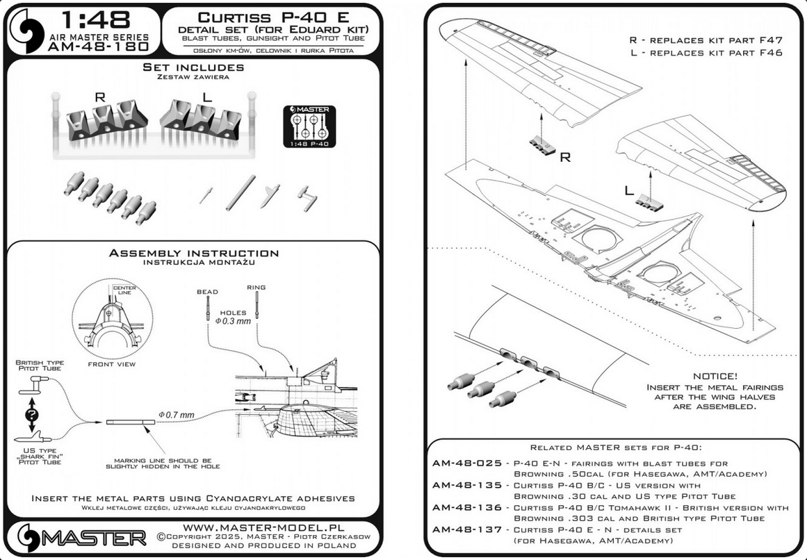 Curtiss P-40 E - gunsight & Pitot Tube & Browning .50 blast tubes with adapter (Eduard kit) - MASTER MODEL AM-48-180