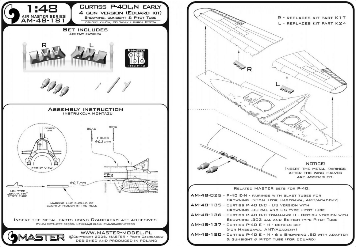 Curtiss P-40 L, N early - 4x Browning .50 blast tubes w/adapter & gunsight & Pitot Tube (for Eduard) - MASTER MODEL AM-48-181