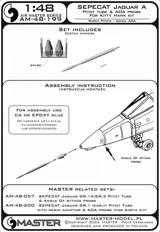 SEPECAT Jaguar A - Pitot Tube w/resin adaptor & Angle Of Attack probe (for Kitty Hawk) - MASTER MODEL AM-48-199