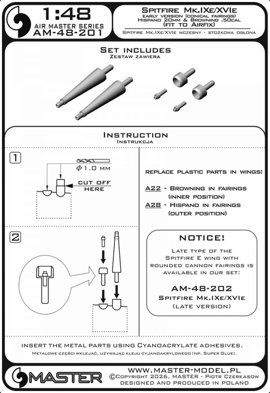 Spitfire Mk.IXe/XVIe early version (conical fairings) - Hispano 20mm & Browning .50cal in fairings (fit to Airfix) - MASTER MODEL AM-48-201