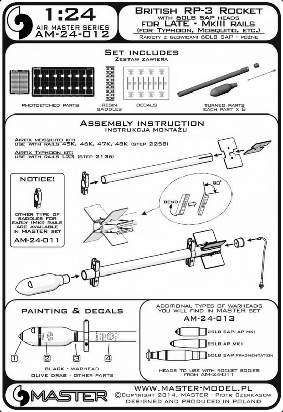British 3in Rocket RP-3 with 60LB SAP heads (8pcs) - for late Mk III rail - used on Typhoon - Pitot Tube - MASTER MODEL 24-012