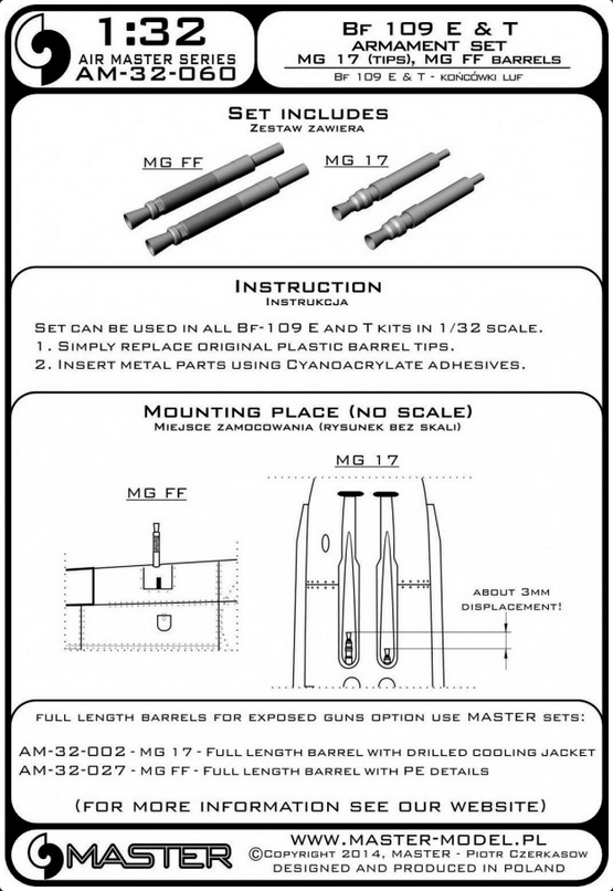 Bf 109 E & T armament set (MG 17 tips, MG FF barrels) - MASTER MODEL 32-060
