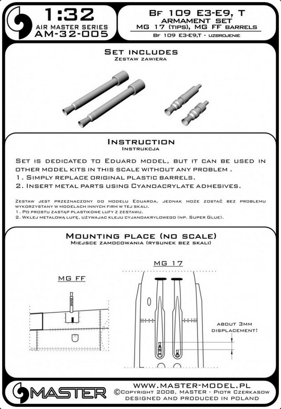 Bf 109 E3 - E9, T armament set (MG 17 tips, MG FF barrels) - MASTER MODEL 32-005