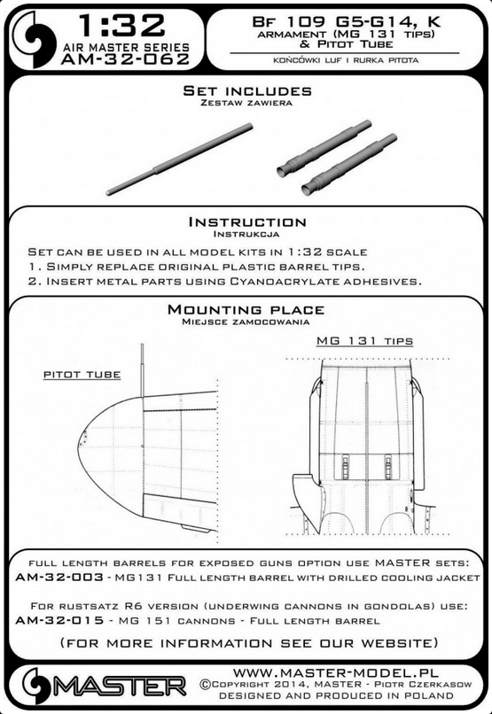 Bf 109 G-5 - G14, K Armament Set (MG 131 tips) & Pitot Tube - MASTER MODEL 32-062