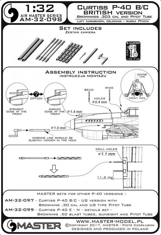 Curtiss P-40 B/C Tomahawk II - British version - Browning .303 cal and British type Pitot Tube - MASTER MODEL 32-098