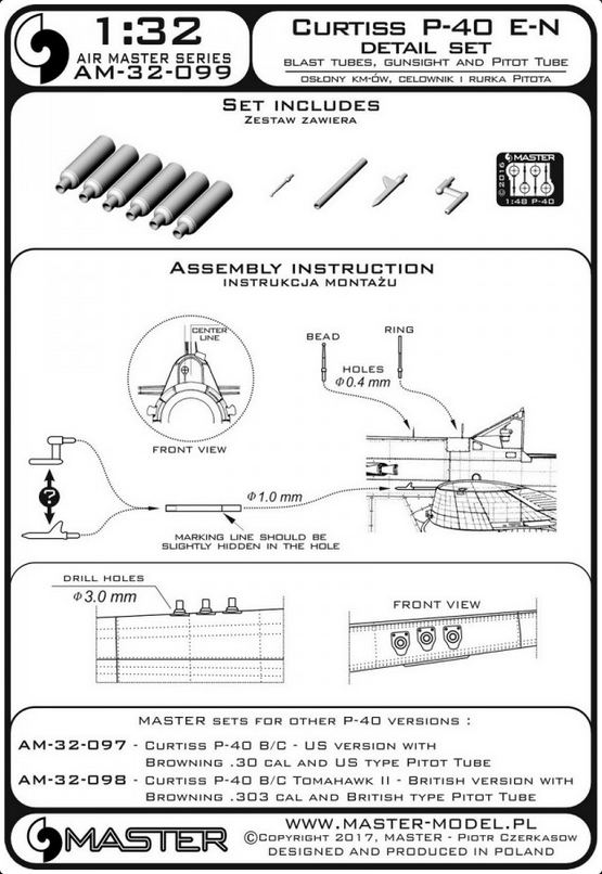 Curtiss P-40 E - N - details set - Browning .50 blast tubes, gunsight and Pitot Tube - MASTER MODEL 32-099