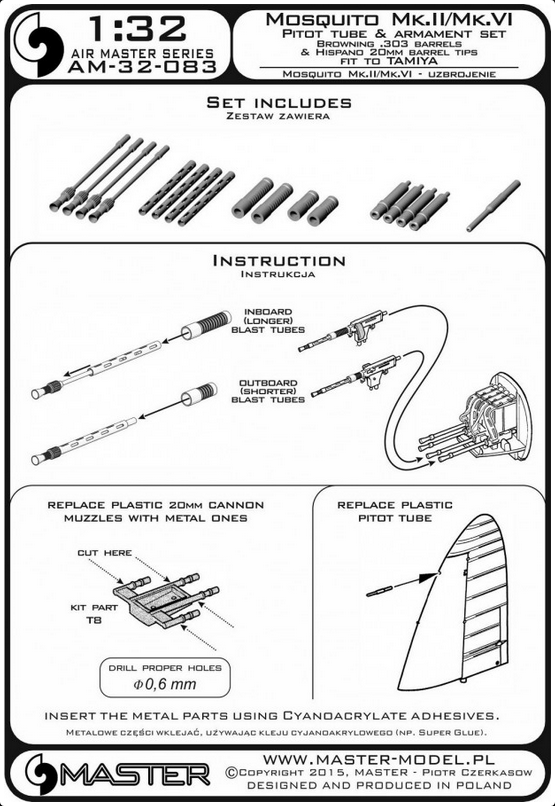 De Havilland Mosquito NF Mk.II / FB Mk.VI - Pitot tube & armament set (Browning .303 barrels and Hispano 20mm barrel tips) - MASTER MODEL 32-083