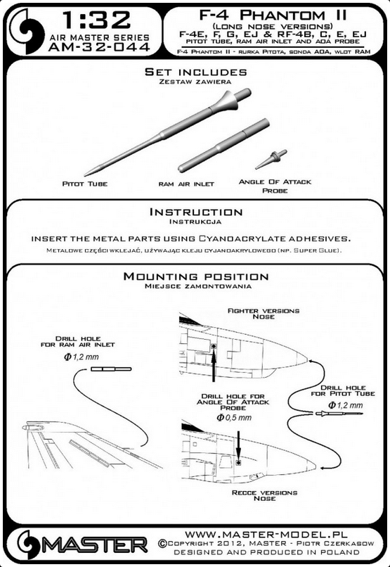 F-4 Phantom II (Long Nose Versions) F-4E, F, G, EJ & RF-4B,C,E,EJ - Pitot Tube Ram Air Inlet & ADA Probe - MASTER MODEL 32-044