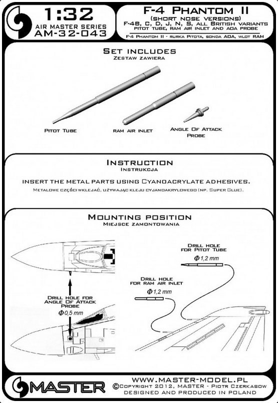 F-4 Phantom II (Short Nose Versions) F-4B, C, D, J, N, S, All British Variants - Pitot Tube Ram Air Inlet & ADA Probe - MASTER MODEL 32-043