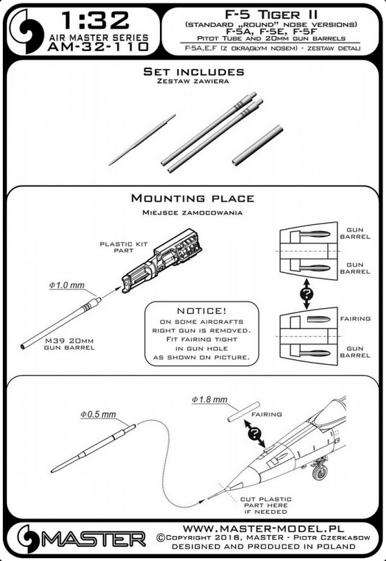 F-5 Tiger II "Freedom Fighter" (standard nose versions) - F-5A, E, F - Pitot Tube and 20mm gun barrels - MASTER MODEL 32-110
