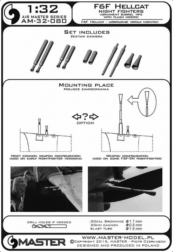 F6F Hellcat - night fighters armament (.50 cal Brownings and 20mm cannon tips with flash hiders) - MASTER MODEL 32-080