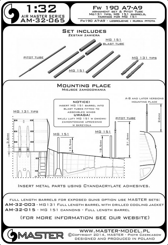 Fw 190 A7 - A9 armament set (MG 131 barrel tips, MG 151 barrels, MG 151 fairings) & Pitot Tube - MASTER MODEL 32-065