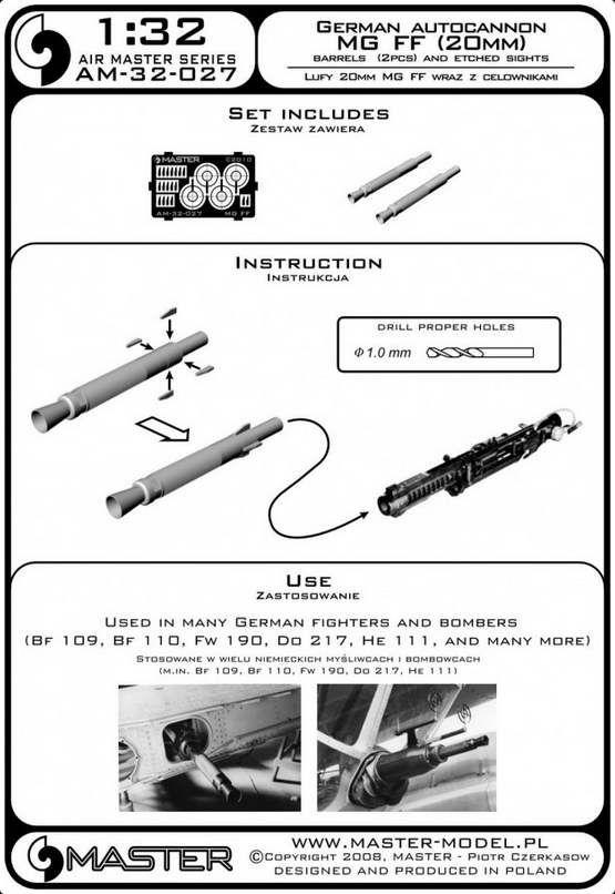 German Autocannon MG FF (20mm) Barrels (2pcs) & Etched Sights - MASTER MODEL 32-027