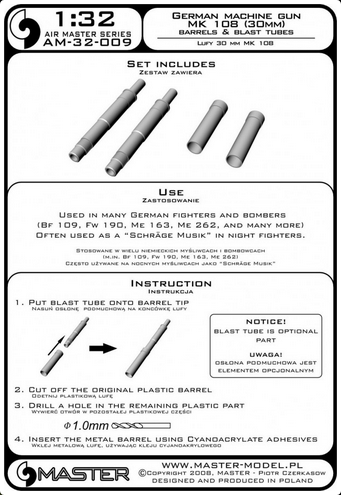 German Machine Gun Mk 108 (30mm) Barrels & Blast Tubes (2pcs) - MASTER MODEL 32-009