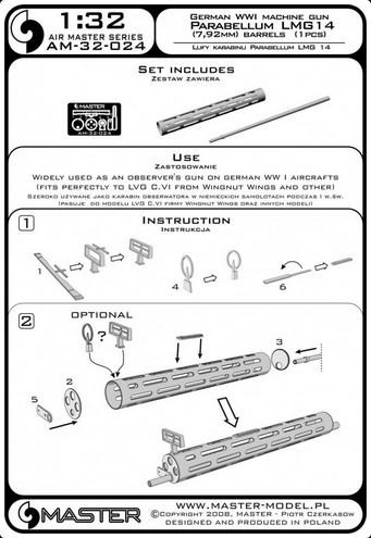 German WWI Machine Gun Parabellum LMG 14 (7,92mm) Barrels (1pcs) - MASTER MODEL 32-024