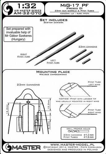 MiG-17PF (Fresco D) - 23mm gun barrels set & Pitot Tubes - MASTER MODEL 32-070