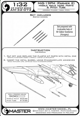 Mig-19PM (Farmer E) - Missile Rails Nose Parts (4pcs) & Pitot Tube - MASTER MODEL 32-073