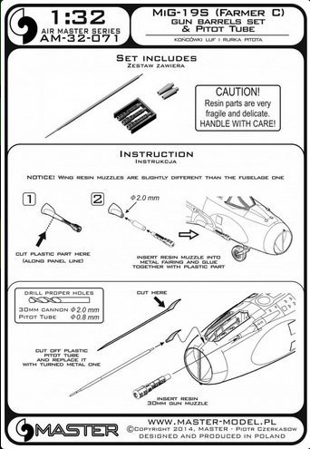Mig-19S (Farmer C) - gun barrels set & Pitot Tube - MASTER MODEL 32-071
