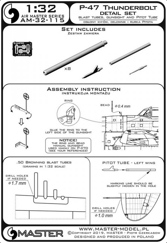 P-47 Thunderbolt - details set - Browning .50 blast tubes, gunsight and Pitot Tube - MASTER MODEL 32-115