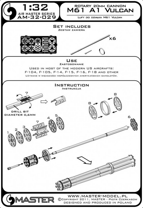Rotary 20mm Cannon M61 A1 Vulcan Turned Barrels & Etched Barrel Clamps (F-104,F-105, F-14, F-15, F-16, F-18) - MASTER MODEL 32-029