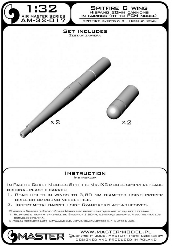 Spitfire C Wing Hispand 20mm Cannons in Fairings (Fit To PCM Model) - MASTER MODEL 32-017