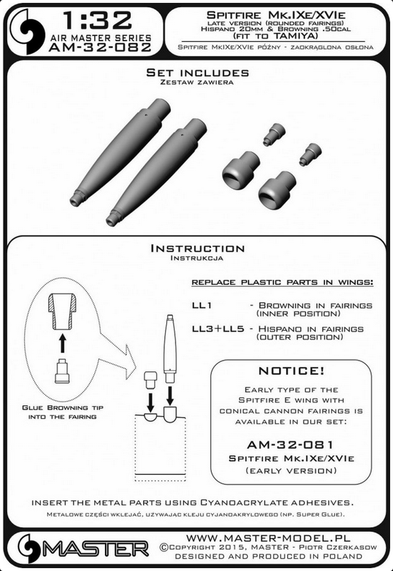 Spitfire Mk.IXe/XVIe late version (rounded fairings) - Hispano 20mm & Browning .50cal in fairings (fit to Tamiya) - MASTER MODEL 32-082