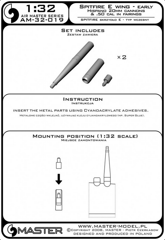 Sptifire E Wing - Early / Hispand 20mm Cannons & .50 Cal in Fairings - MASTER MODEL 32-019