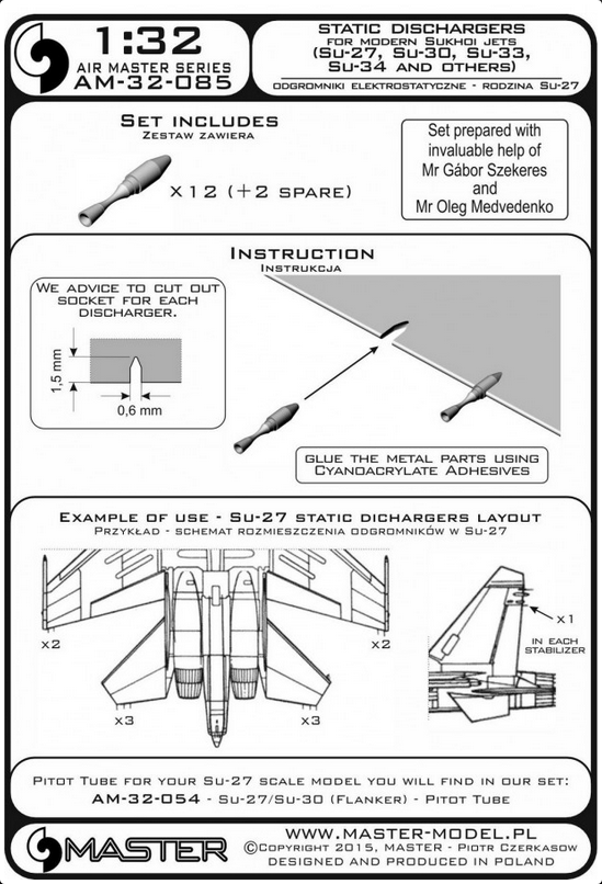 Static dischargers - type used on modern Sukhoi jets (Su-27, Su-30, Su-33, Su-34 and other) (12pcs+2spare) - MASTER MODEL 32-085