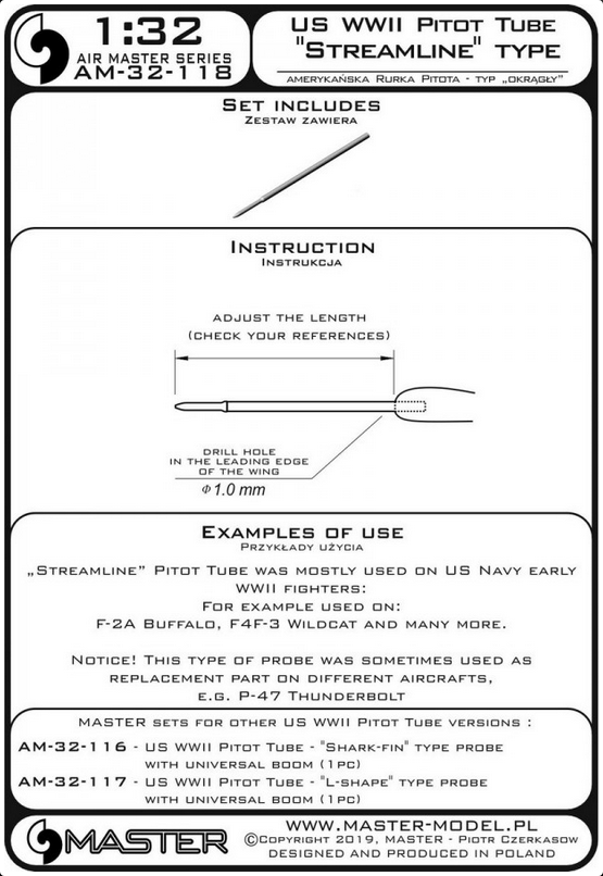 US WWII Pitot Tube - "Streamline" type probe (1 pc) - mainly used on US Navy early aircrafts (e.g. F-2A Buffalo, F4F-3 Wildcat) - MASTER MODEL 32-118