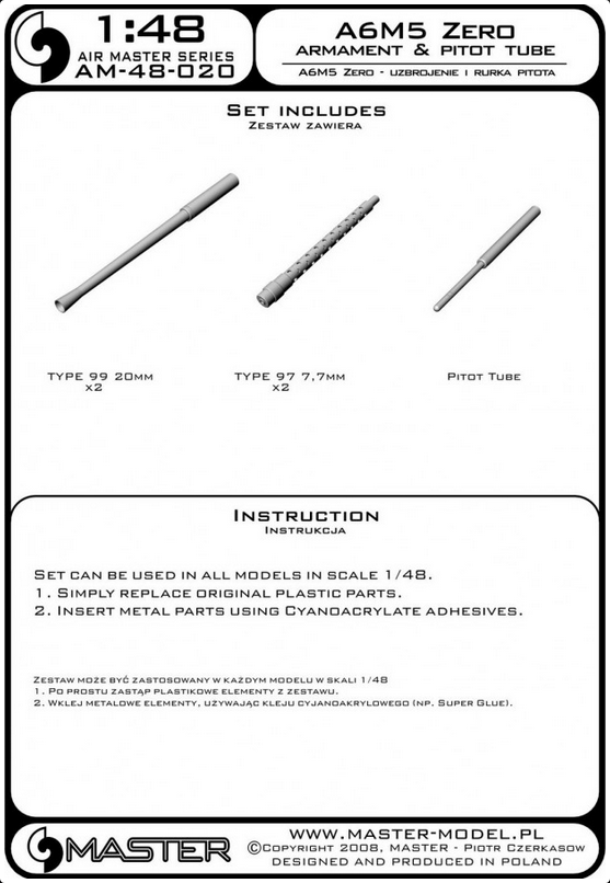 A6M5 Zero Armament & Pitot Tube (7,7mm, 20mm Gun Barrels) - MASTER MODEL 48-020