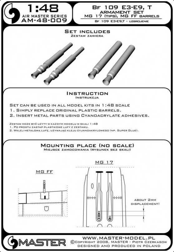 BF 109 E3-E9, T Armament Set MG 17 (Tips), MG FF Barrels - MASTER MODEL 48-009