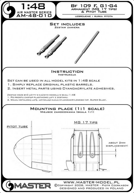 Bf 109 F, G1-G4 Armament (MG17 Tips) & Pitot Tube - MASTER MODEL 48-010
