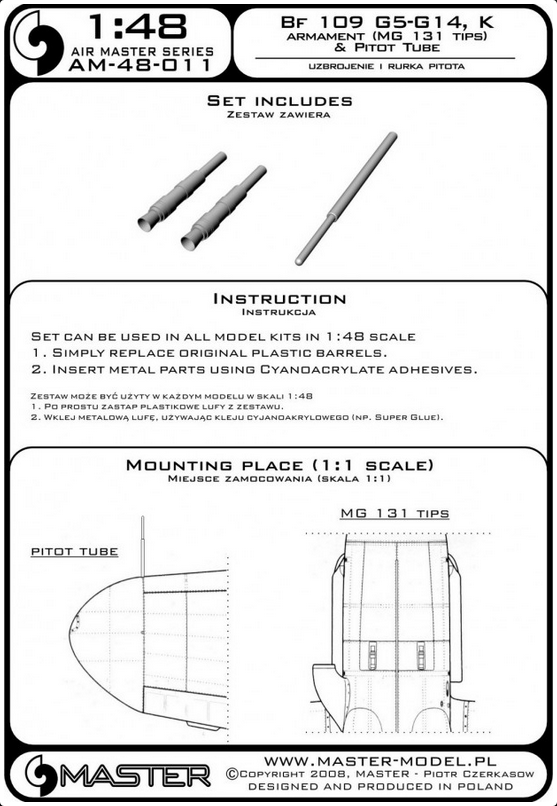 Bf 109 G5-G14, K Armament (MG 131 Tips) & Pitot Tube - MASTER MODEL 48-011