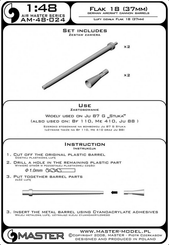 Flak 18 (37mm) German Aircraft Cannon Barrels (2pcs) (Ju87G, BF110, Me410, Ju88) - MASTER MODEL 48-024
