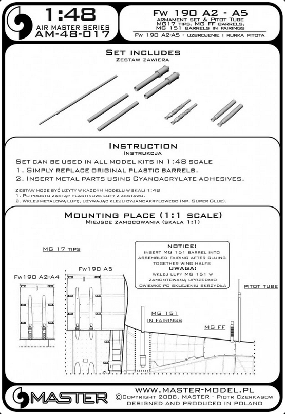 Fw 190 A2 - A5 Armament Set & Pitot Tube MG17 Tips, MG FF Barrels, MG151 Barrels in Fairings - MASTER MODEL 48-017
