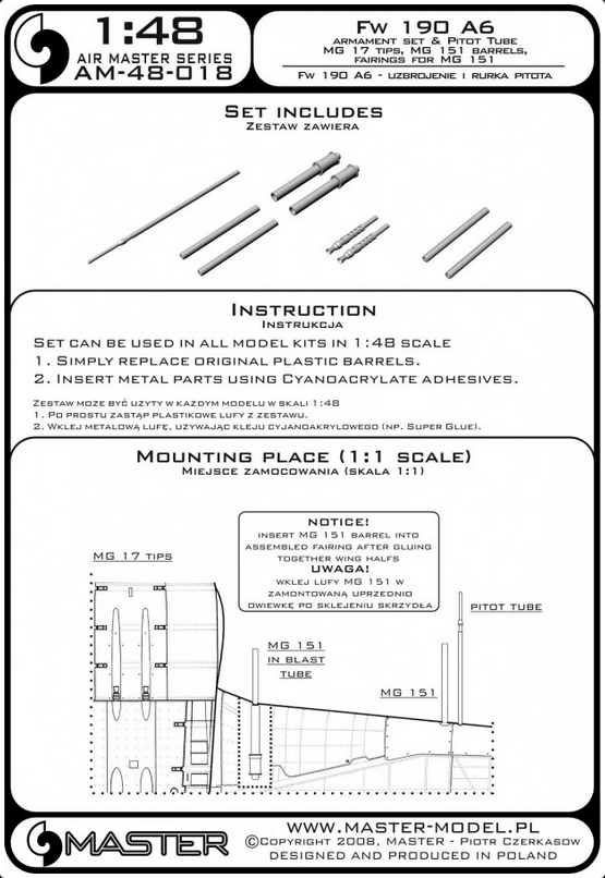 Fw 190 A6 Armament Set & Pitot Tube MG17 Tips, MG151 Barrels, Fairings for MG151 - MASTER MODEL 48-018