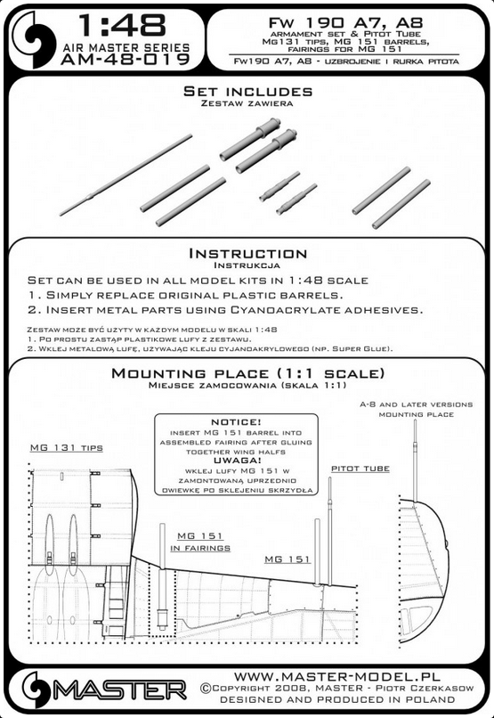 Fw 190 A7, A8 Armament Set & Pitot Tube MG131 Tips, MG151 Barrels, Fairings for MG151 - MASTER MODEL 48-019