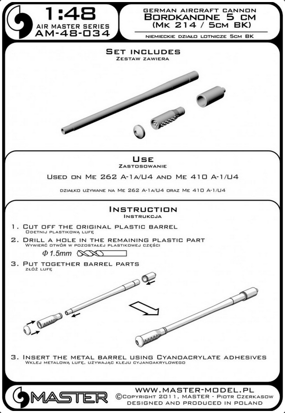 German Aircraft Cannon Boardkanone 5cm (Mk214 / 5cm Bk) (used on me 262 A-1 A/U4, Me410 A-1 /U4) - MASTER MODEL 48-034