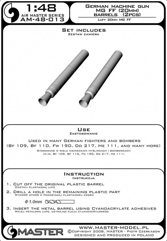 German Machine Gun MG FF (20mm) Barrels (2pcs) - MASTER MODEL 48-013