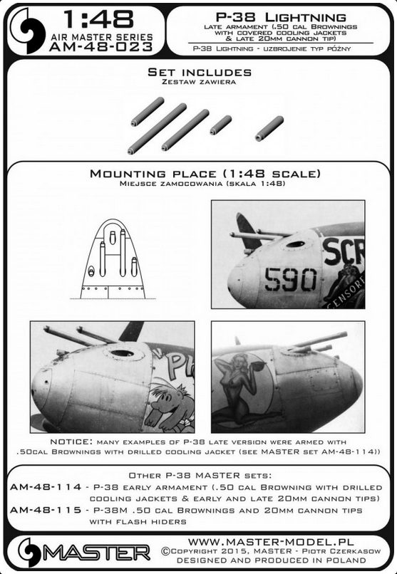 P-38 Lightning Late Type Armament (.50 Brownings w/ Covered Cooling Jacket, 20mm Cannon) - MASTER MODEL 48-023