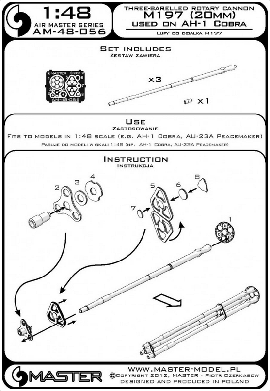 Three-Barelled Rotary Cannon M197 (20mm) Used on AH-1 Cobra Turned Barrels & Etched Barrel Clamps - MASTER MODEL 48-056