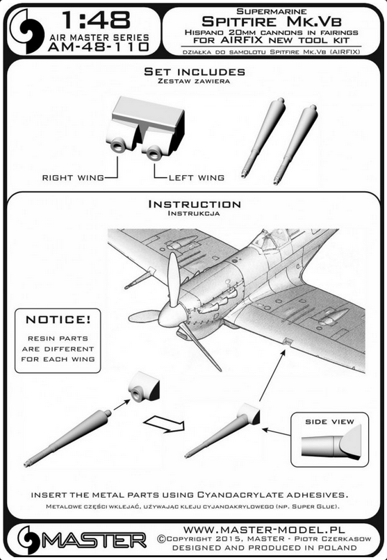 Supermarine Spitfire Mk.Vb - Hispano 20mm cannons in fairings (fit to Airfix) - MASTER MODEL 48-110