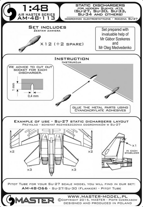 Static dischargers - type used on modern Sukhoi jets (Su-27, Su-30, Su-33, Su-34 and other) (12pcs+2spare) - MASTER MODEL 48-113